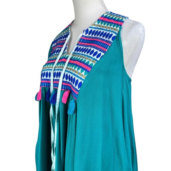 Judith March Teal Multicolor Geometric Design Tasseled Soft Flowy Top - Picture 5 of 11